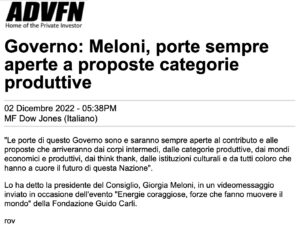 ADVFN - Governo: Meloni, porte sempre aperte a proposte categorie produttive