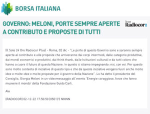 Borsa Italiana - Governo: Meloni, porte sempre aperte a contributo e proposte di tutti