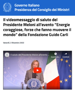 Governo Italiano - Il videomessaggio di saluto del Presidente Meloni all’evento “Energie coraggiose, forze che fanno muovere il mondo” della Fondazione Guido Carli