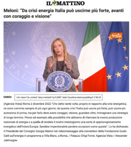 Il Mattino - Meloni: “Da crisi energia Italia può uscirne più forte, avanti con coraggio e visione”