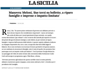 La Sicilia - Manovra: Meloni, 'due terzi su bollette, a riparo famiglie e imprese o impatto limitato'