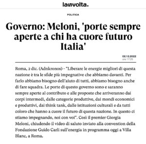 La Svolta - Governo: Meloni, 'porte sempre aperte a chi ha cuore futuro Italia'