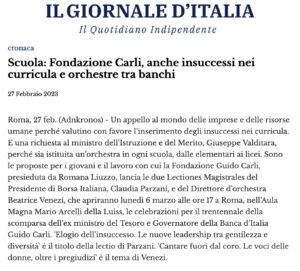 Il Giornale d'Italia - Scuola: Fondazione Carli, anche insuccessi nei curricula e orchestre tra banchi