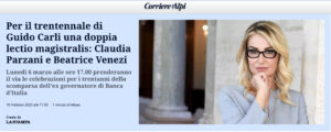 Corriere delle Alpi - Per il trentennale di Guido Carli una doppia lectio magistralis: Claudia Parzani e Beatrice Venezi