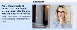 Il Secolo XIX - Per il trentennale di Guido Carli una doppia lectio magistralis: Claudia Parzani e Beatrice Venezi
