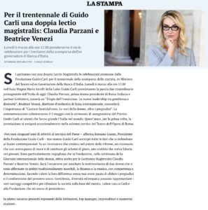 La Stampa - Per il trentennale di Guido Carli una doppia lectio magistralis: Claudia Parzani e Beatrice Venezi