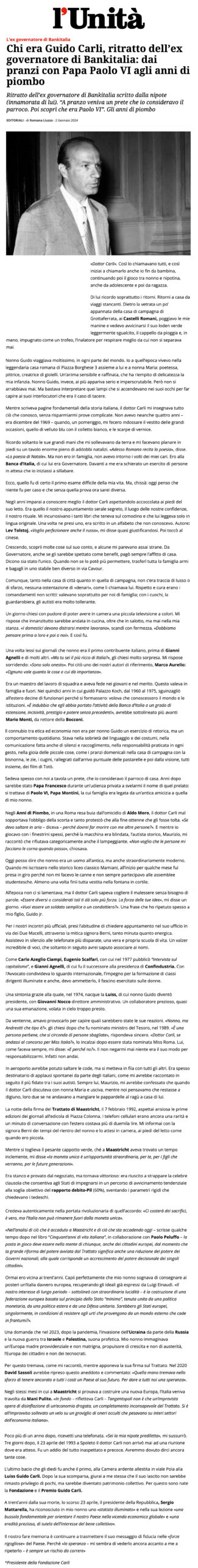 L'Unità - Chi era Guido Carli, ritratto dell’ex governatore di Bankitalia: dai pranzi con Papa Paolo VI agli anni di piombo - redazionale Romana Liuzzo