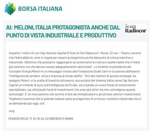 Borsa Italiana - Ia: Meloni, 'Italia protagonista anche dal punto di vista produttivo e industriale'