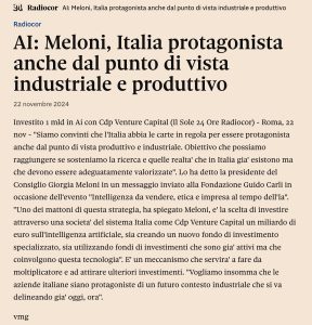 Il Sole 24 Ore - AI: Meloni, Italia protagonista anche dal punto di vista industriale e produttivo