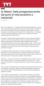 TV7 - Ia: Meloni, 'Italia protagonista anche dal punto di vista produttivo e industriale'
