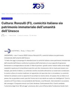 Agenparl - Cultura: Ronzulli (FI), comicità italiana sia patrimonio immateriale dell’umanità dell’Unesco