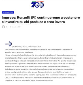 Agenparl – Imprese; Ronzulli (FI) continueremo a sostenere e investire su chi produce e crea lavoro